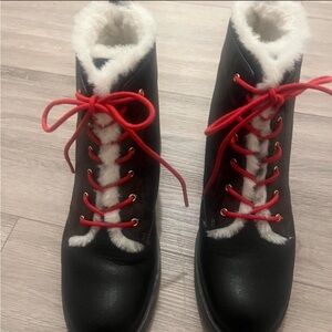 Coach Women's Black Faux-Shearling Lace-Up Winter Boots with Red Laces
